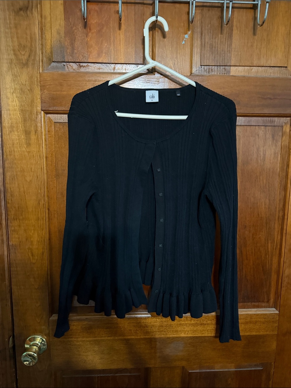 CAbi Black Ribbed Button-Front Cardigan with Ruffle Hem